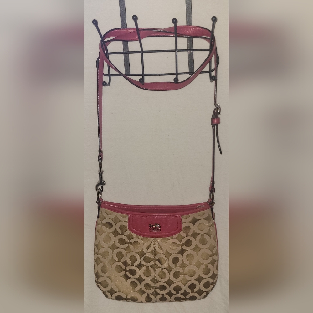 Coach Pink Leather & Tan Signature Jacquard Canvas Crossbody Bag